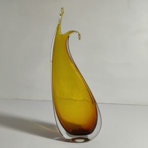 Signed Janet Zug 11" Jester Dancing Crackle Glass Yellow Bud Vase